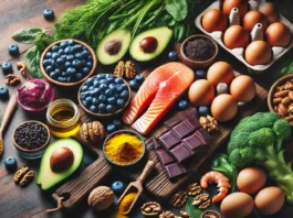 A vibrant spread of brain-boosting foods, including blueberries, walnuts, salmon, eggs, dark chocolate, avocado, leafy greens, and turmeric, arranged on a rustic wooden kitchen counter with natural lighting.