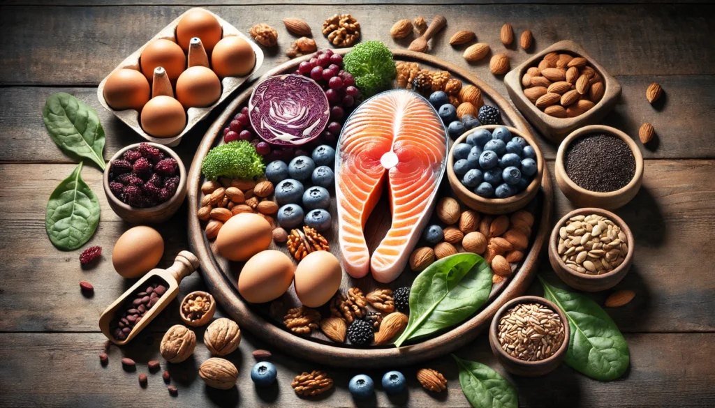 A holistic wellness concept showcasing a selection of brain-boosting foods, including salmon, nuts, blueberries, eggs, and dark leafy greens, arranged on a rustic wooden table with natural lighting to highlight their cognitive health benefits.