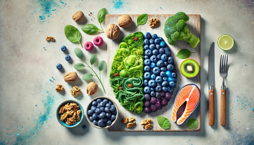 A colorful assortment of brain-boosting foods, including blueberries, walnuts, leafy greens, and salmon, arranged on a bright surface, emphasizing the role of nutrition in cognitive health.