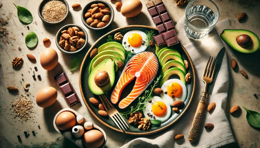 A beautifully plated meal featuring grilled salmon, avocado slices, nuts, eggs, and dark chocolate, presented elegantly with natural lighting to highlight the nourishing benefits for dopamine production.