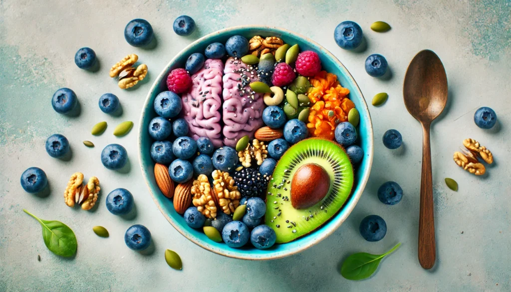 A vibrant, nutritious breakfast bowl filled with brain-boosting foods like blueberries, nuts, and seeds. The colorful and fresh ingredients symbolize natural ways to enhance cognitive function and reduce brain fog through a healthy diet.