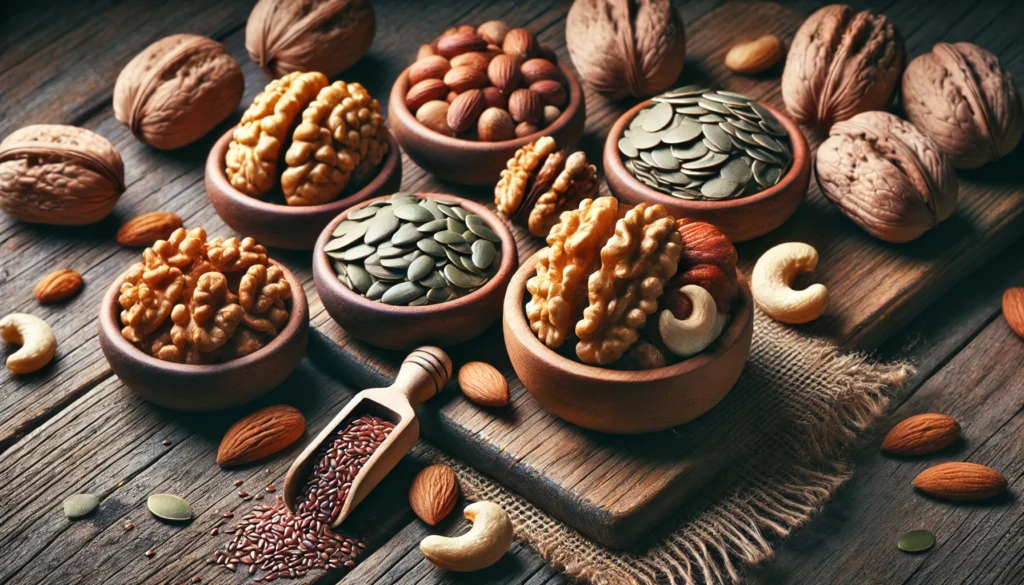 A close-up of wooden bowls filled with brain-boosting nuts and seeds, including walnuts, almonds, cashews, pumpkin seeds, and flaxseeds, arranged on a rustic wooden surface.