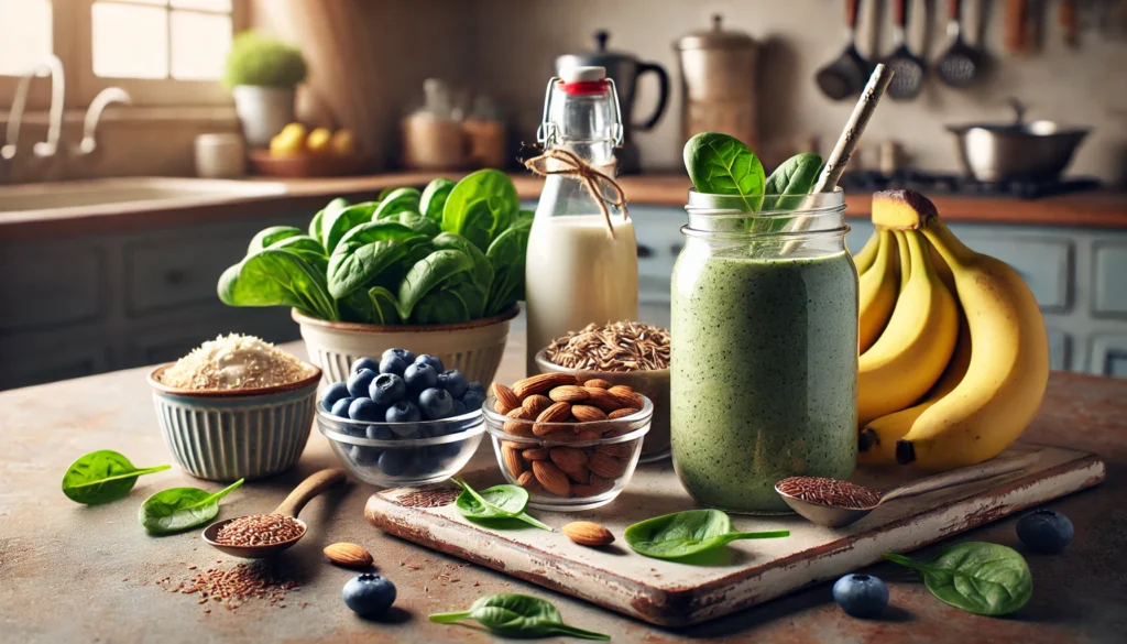 A visually appealing arrangement of brain-boosting smoothie ingredients, including bananas, spinach, almonds, flaxseeds, blueberries, and Greek yogurt, with a creamy green smoothie in a mason jar on a rustic kitchen counter.