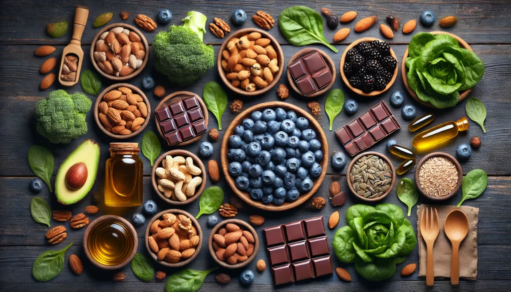 A flat lay composition of nuts, seeds, dark chocolate, blueberries, and leafy greens arranged on a dark wooden surface, with small bowls containing omega-3 fish oil capsules and vitamin tablets, highlighting natural and supplemental sources of essential nutrients for focus and attention.