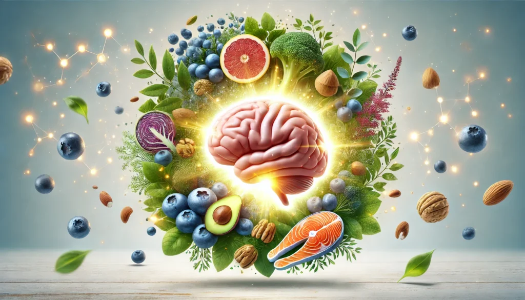 A concept illustration of brain cell protection through nutrition, showing a glowing brain surrounded by nutrient-rich foods such as blueberries, nuts, leafy greens, and salmon. The brain emits a soft golden glow, symbolizing nourishment and cognitive support, set against a bright and clean background.