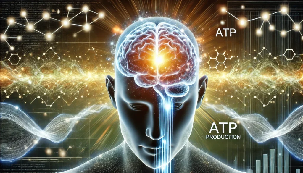 A conceptual illustration of brain energy metabolism, featuring a glowing brain with energy currents flowing through neural connections, symbolizing ATP production and enhanced cognitive function in a futuristic, scientific aesthetic, completely free of text or symbols.