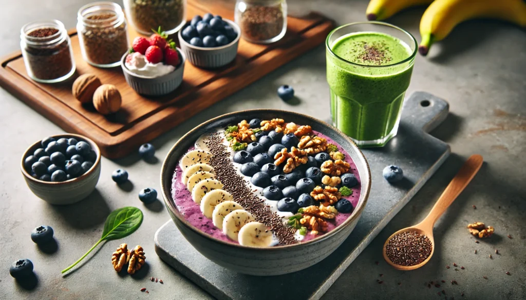 A brain-boosting smoothie bowl filled with blueberries, bananas, Greek yogurt, flaxseeds, and walnuts, topped with fresh fruits and nuts, accompanied by a green smoothie on a modern kitchen countertop.