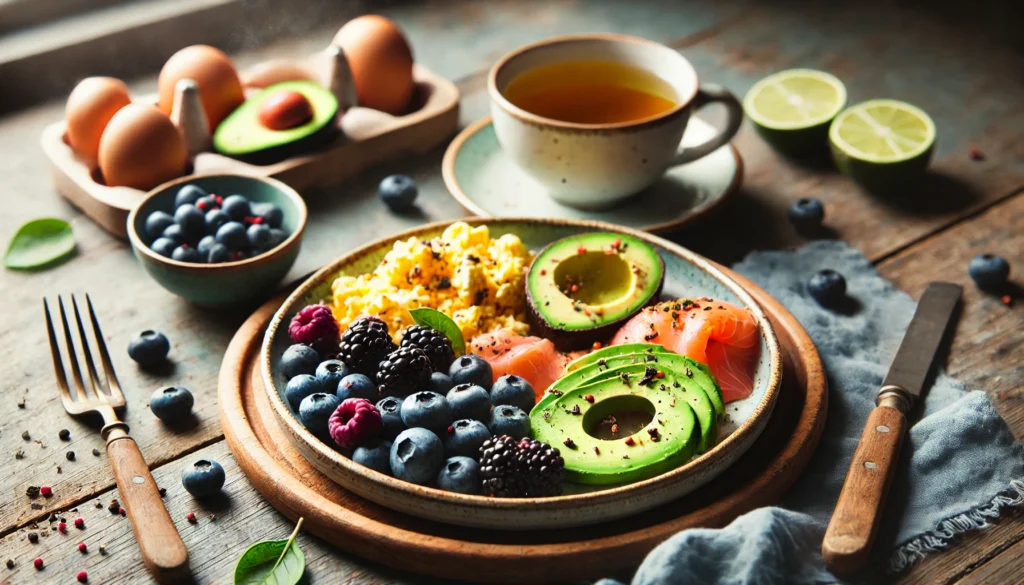 A cozy breakfast setting with a plate of brain-boosting foods, including scrambled eggs, smoked salmon, avocado slices, and a side of mixed berries, accompanied by a cup of green tea on a wooden table with soft natural lighting.