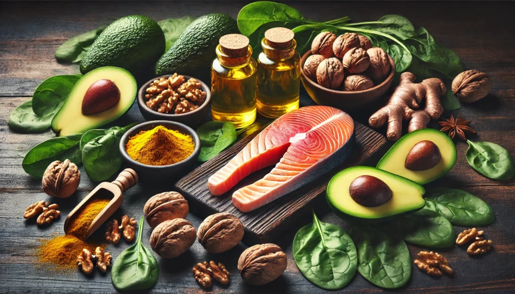 A beautifully arranged selection of fresh salmon, walnuts, turmeric root, avocado, and spinach leaves placed on a dark wooden table, highlighting their natural anti-inflammatory properties for brain health.