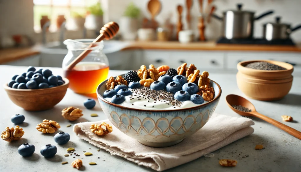 A nutritious breakfast bowl filled with Greek yogurt, topped with blueberries, walnuts, chia seeds, pumpkin seeds, and a drizzle of honey, placed in a bright kitchen setting.