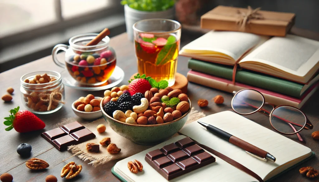 A serene study scene with a desk featuring a bowl of mixed nuts, dark chocolate pieces, and fresh berries, alongside a glass of herbal tea, a notebook, and reading glasses, creating a productivity-enhancing atmosphere.