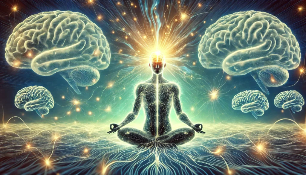 An artistic visualization of brain stimulation, featuring a glowing human silhouette in a meditative pose with energy waves radiating from the brain. Neural pathways light up around the figure, symbolizing mental clarity and cognitive enhancement, with a calming blue and green abstract background.