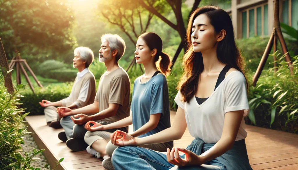 A peaceful outdoor scene where adults are practicing meditation, enhancing mental clarity and focus.