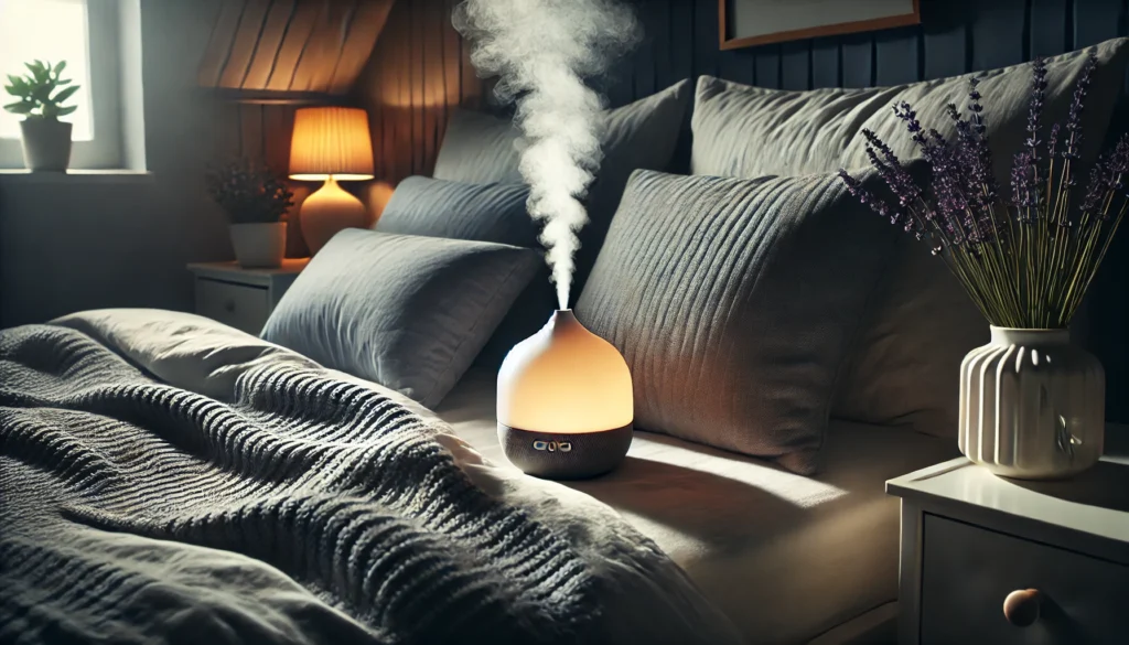 A tranquil bedroom scene featuring a lavender essential oil diffuser emitting a soft mist. A cozy bed with neatly arranged pillows and dim lighting creates a peaceful sleep environment.