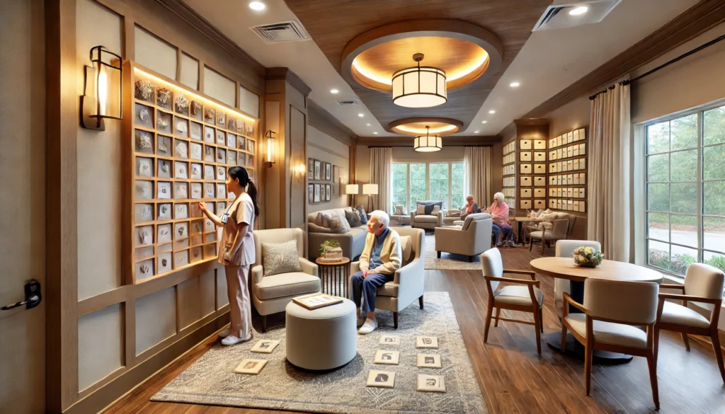 A cozy interior of a memory care facility in Atlanta, designed for comfort and safety. The space includes soft lighting, comfortable seating, and personalized memory boxes outside residents' rooms. Elderly residents are engaged in an interactive memory game with a caregiver.