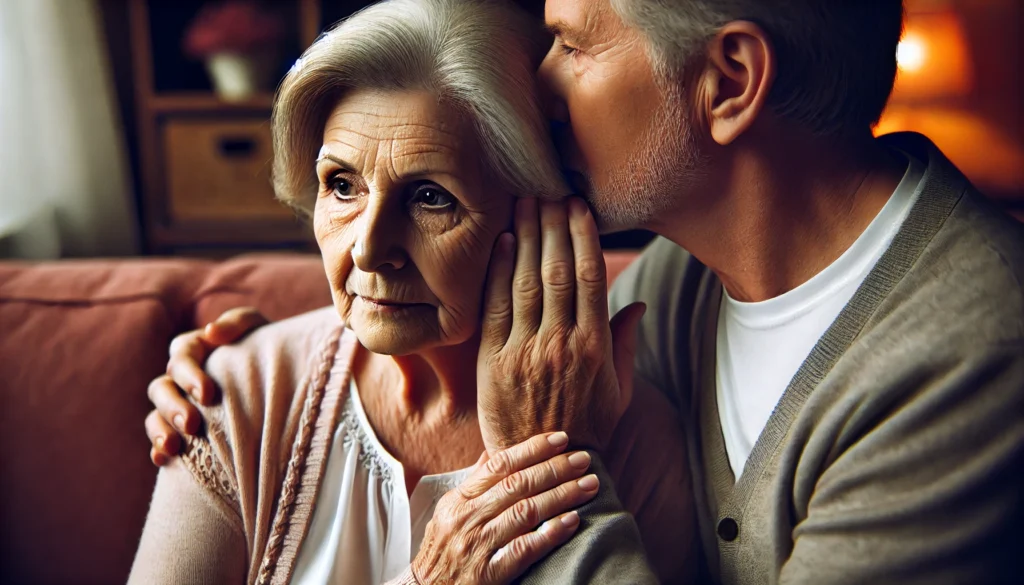 A close-up of an elderly woman with dementia being comforted by a loved one whispering in her ear. The soothing interaction showcases how whispering can help individuals feel safe and understood.