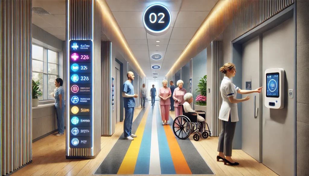 An advanced memory care facility in Atlanta featuring modern safety and accessibility features. The scene showcases secure hallways with color-coded pathways for navigation, staff assisting elderly residents, and a technology-integrated monitoring system for enhanced care.