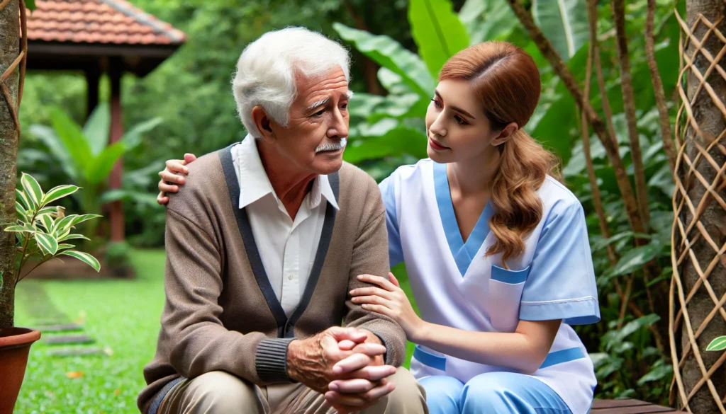 An elderly man with dementia sitting in a peaceful garden while a caregiver whispers to him with a reassuring touch. The lush greenery and comforting presence create a serene and empathetic moment.