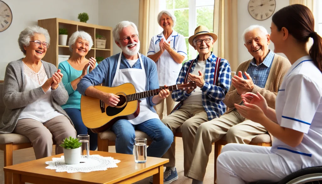 Elderly residents in a memory care facility engaging in a music therapy session with a therapist playing the guitar. Seniors clap, smile, and sing along in a bright and cheerful setting designed for cognitive stimulation