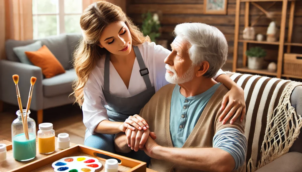 A compassionate caregiver assisting an elderly resident in a memory care facility in Atlanta. The caregiver is offering gentle support while engaging the resident in a calming activity, such as painting or music therapy, in a warm and homely environment.