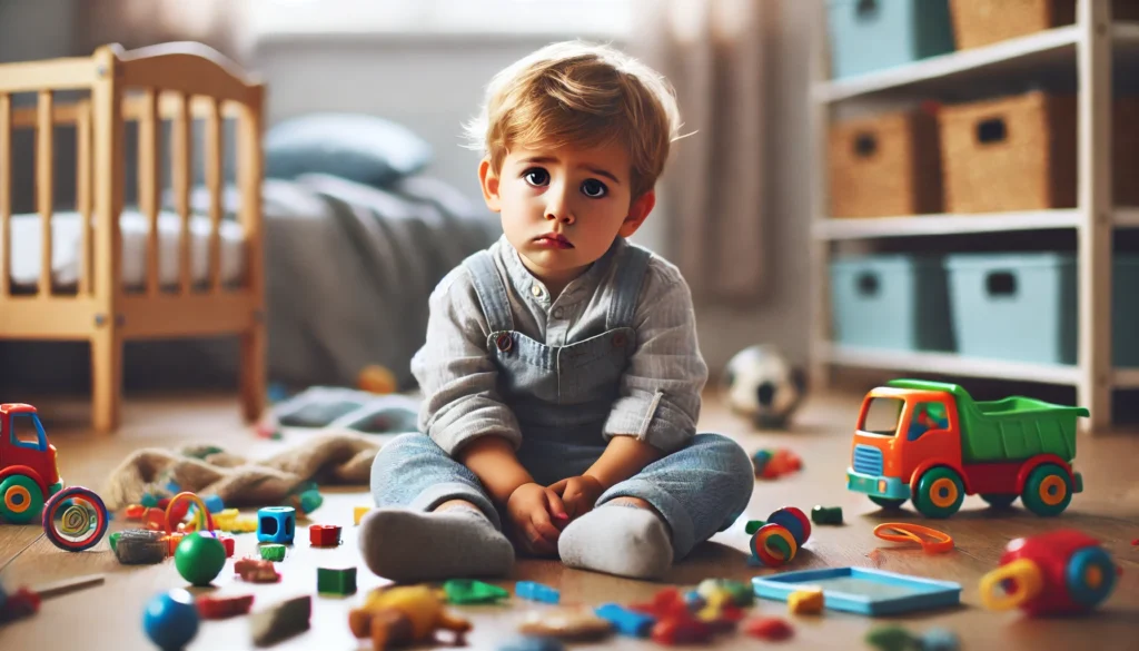 A young child sitting on the floor surrounded by scattered toys, looking confused and struggling to remember how to play. Their facial expression reflects frustration and cognitive difficulty