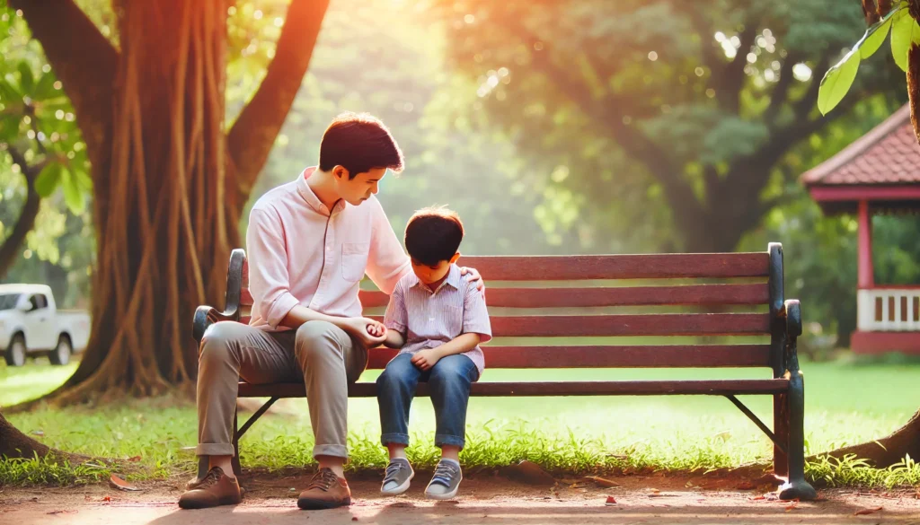 A child experiencing childhood dementia sitting on a park bench with their parent, struggling to recognize familiar surroundings. The parent holds their hand, offering comfort in a peaceful park setting