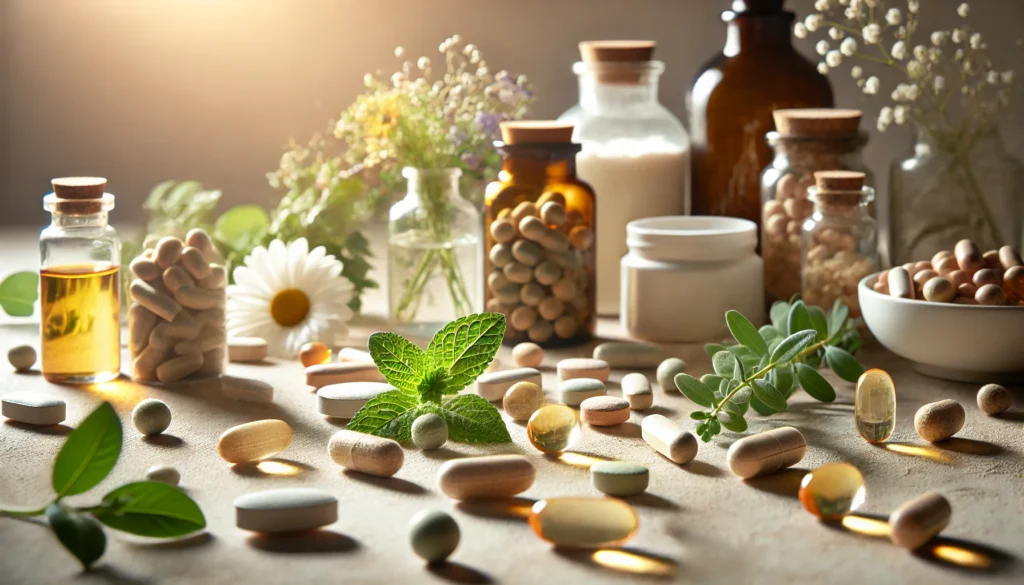 A close-up view of various dietary supplements, including plant-based capsules, soft gels, and herbal tablets. The supplements rest on a neutral background with soft lighting to highlight their texture and natural composition. The scene suggests high-quality nutritional support.