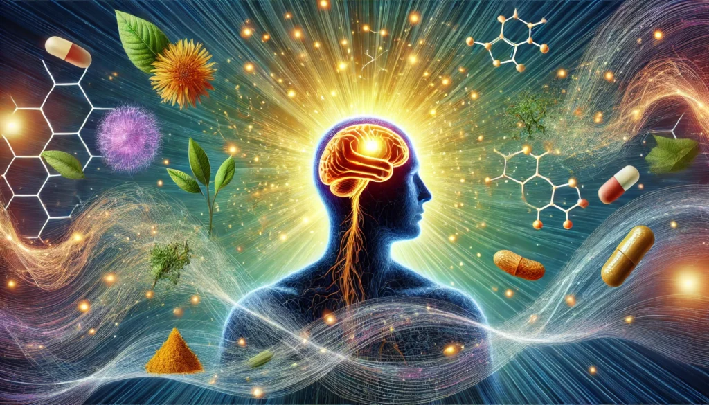 A glowing silhouette of a person with a vibrant brain, surrounded by abstract waves of energy and floating herbal elements like ginseng, turmeric, and omega-3 molecules, symbolizing improved memory and mental clarity.