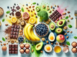 A vibrant arrangement of dopamine-boosting foods, including bananas, dark chocolate, avocados, nuts, eggs, and blueberries, displayed on a clean, bright background, emphasizing natural sources of dopamine support.