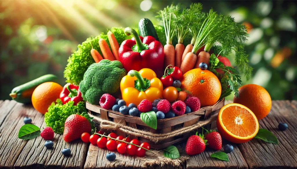 A beautifully arranged assortment of vibrant bell peppers, carrots, oranges, berries, and leafy greens displayed in a rustic wooden basket with natural lighting, highlighting their rich vitamin content for focus and attention.