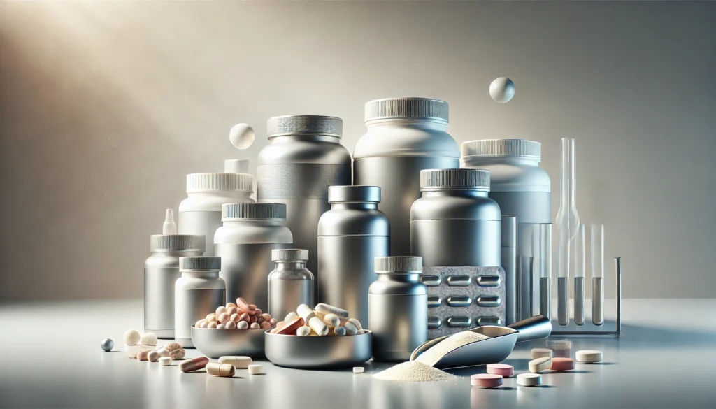 A professional composition of various energy and focus supplements, including capsules, tablets, and powdered scoops, displayed on a clean, neutral background. The image emphasizes a science-oriented and modern feel, suitable for an article on cognitive enhancers.