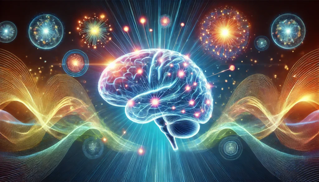 A futuristic representation of a glowing human brain with interconnected neurons, surrounded by vibrant energy waves. The deep blue background and ambient lighting emphasize memory enhancement and cognitive function.