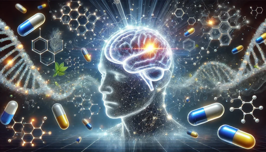 A high-resolution digital image of a glowing human brain surrounded by molecular structures and supplement capsules, symbolizing cognitive enhancement and the science behind brain health supplements.