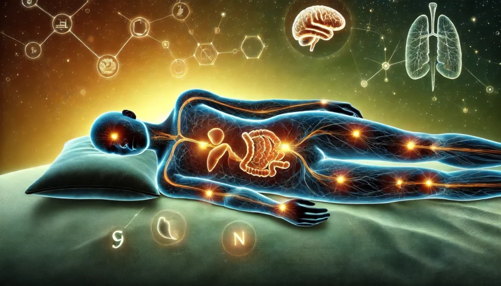 A glowing human silhouette with energy lines highlighting key metabolic areas such as the brain, muscles, and digestive system. The background symbolizes relaxation and metabolic restoration.