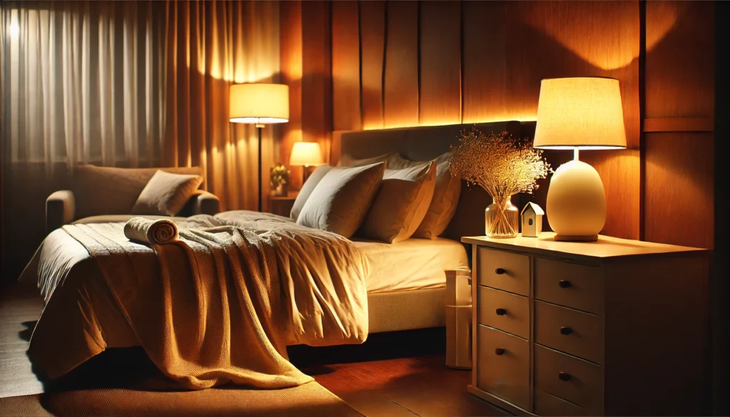 A serene bedroom with dim, warm lighting, a comfortable bed with soft blankets, and a bedside lamp emitting a gentle glow, creating a peaceful atmosphere for relaxation and temperature regulation during sleep.