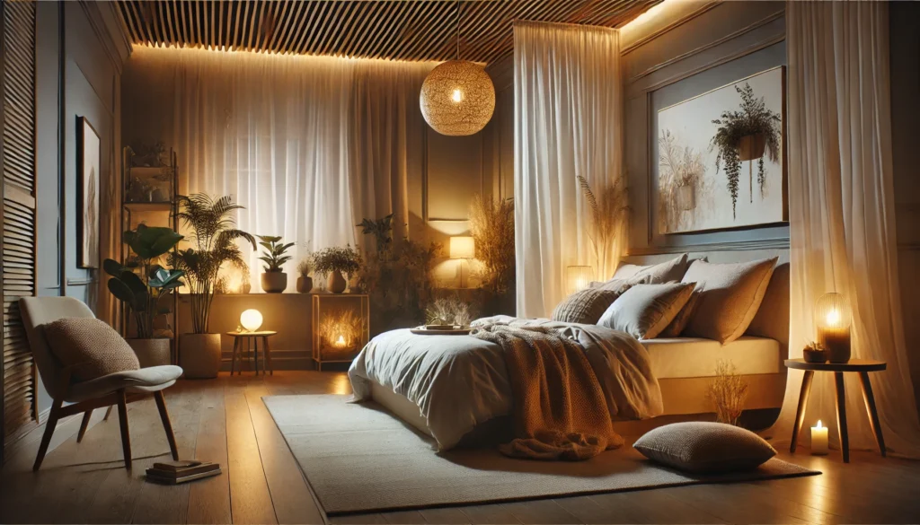 A serene bedroom environment optimized for deep sleep, featuring a cozy bed with soft bedding, warm ambient lighting, and calming natural elements like indoor plants. The peaceful setting conveys relaxation and an ideal atmosphere for restorative sleep.