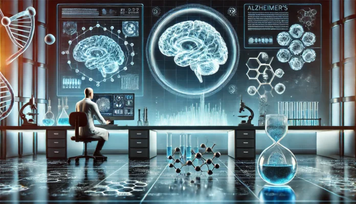 A futuristic laboratory setting where scientists work on Alzheimer research, featuring high-tech equipment, glowing brain scans on digital screens, and a scientist analyzing molecular structures related to Alzheimer's treatment.