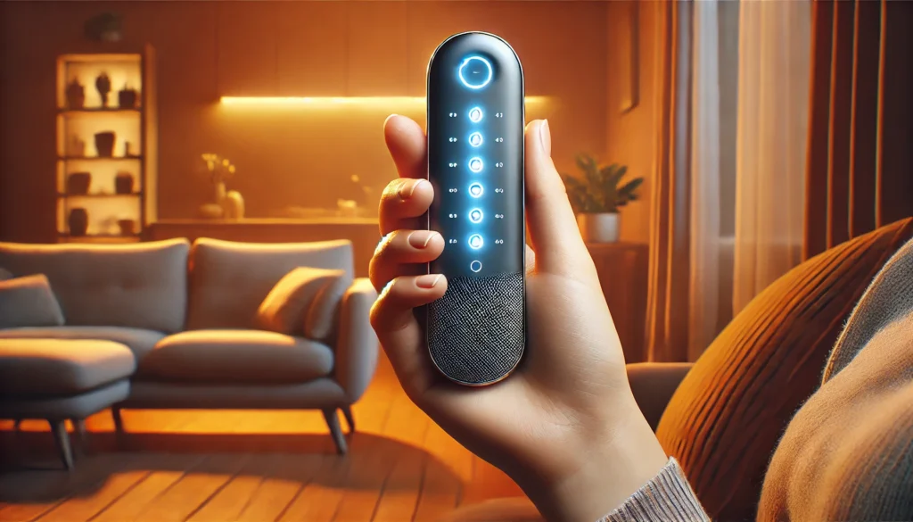 "A sleek handheld stress reduction device glowing softly, assisting a user with deep breathing exercises in a warm, peaceful home environment."