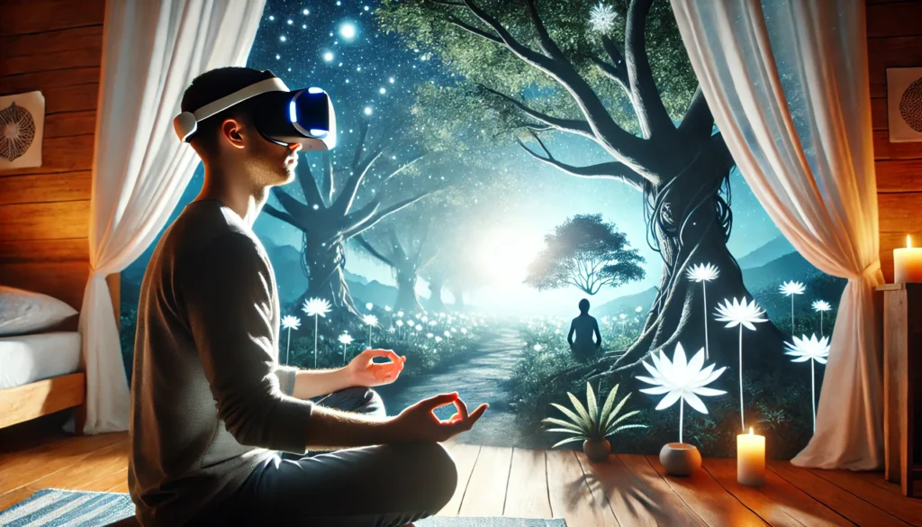 "A high-tech virtual reality headset designed for stress reduction, worn by a user immersed in a serene, nature-inspired digital meditation experience."