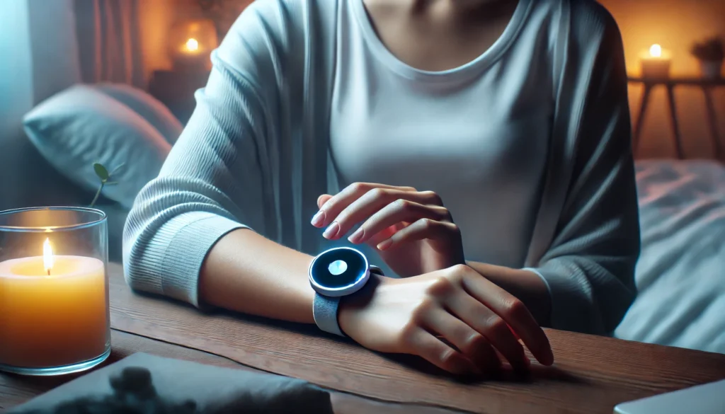 "A futuristic wearable stress reduction device on a person's wrist, emitting subtle vibrations to promote relaxation in a cozy home setting."