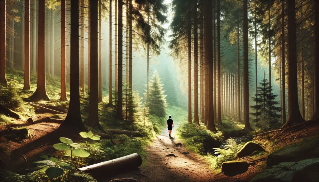 A peaceful forest trail where a person is walking slowly, surrounded by tall trees and soft sunlight filtering through the leaves, fostering serenity.