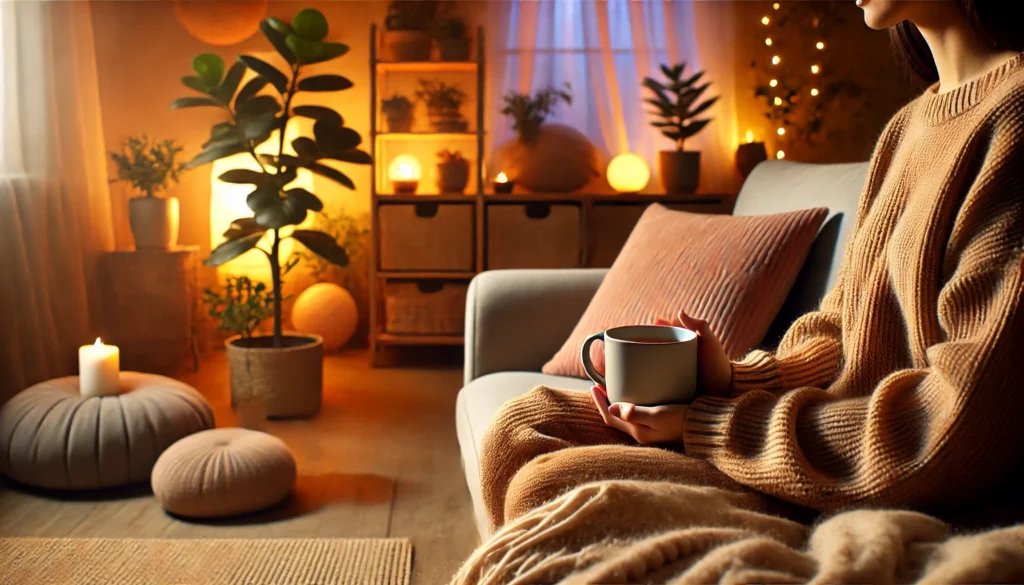 A cozy indoor setting with a person sitting comfortably on a couch, holding a warm cup of tea while practicing relaxation techniques.