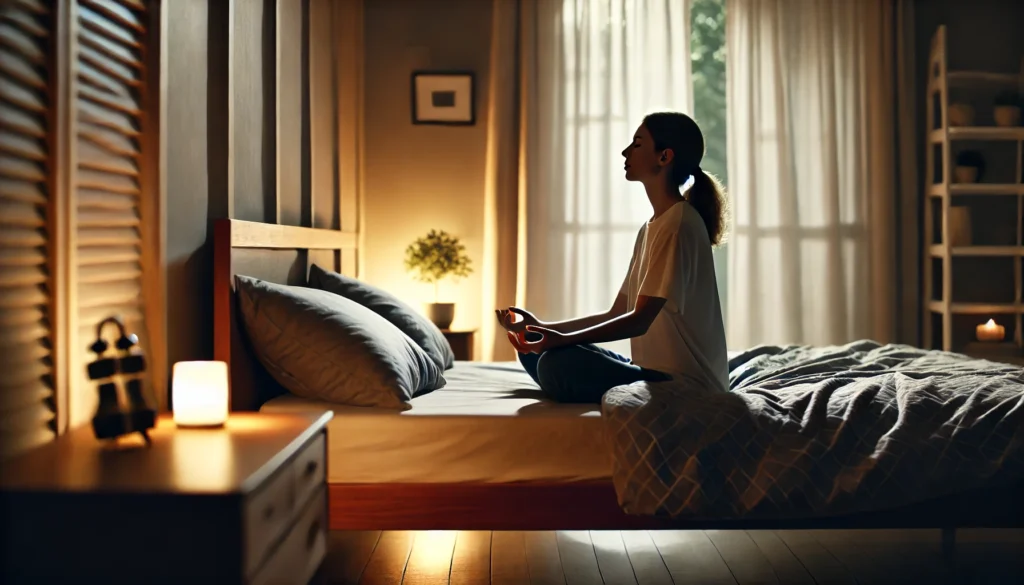 A peaceful bedroom scene with a person practicing deep breathing techniques to manage sleep anxiety and promote relaxation before bed.