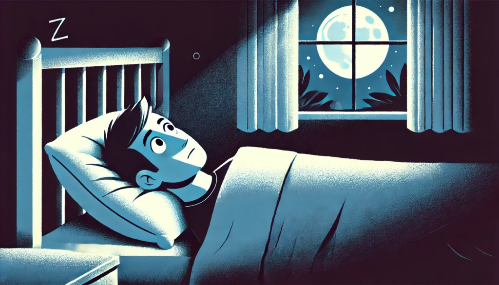 A person lying in bed with their eyes wide open, staring at the ceiling, unable to sleep due to sleep anxiety and nighttime stress.