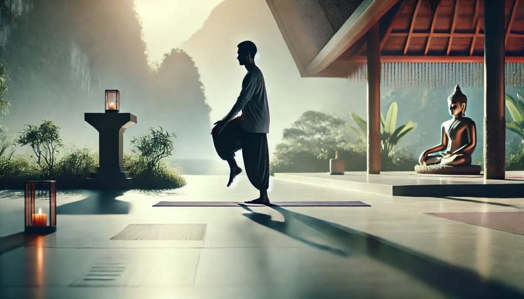 A person practicing yoga in a serene indoor space, using movement and breathwork to overcome fear and anxiety. The setting is calm and minimalistic, with soft lighting, a yoga mat, and peaceful ambiance.