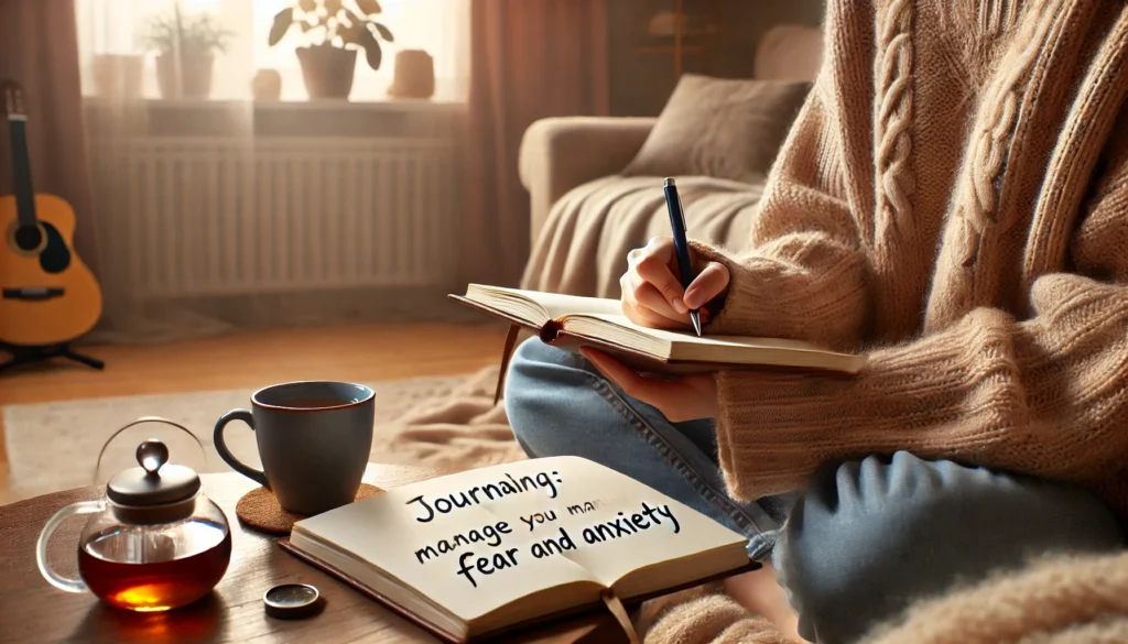 A cozy indoor setting with a person journaling their thoughts and emotions to manage fear and anxiety. The room is softly lit, with a warm atmosphere, a cup of tea on the table, and a sense of reflection and mindfulness.