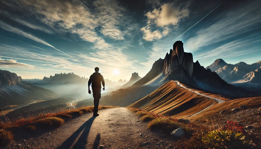 A person walking confidently on a scenic mountain trail, symbolizing overcoming fear and anxiety. The individual appears determined and strong, surrounded by breathtaking natural landscapes with a clear blue sky and distant peaks.