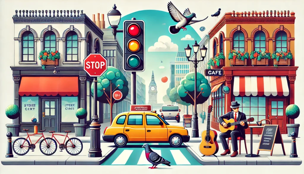 A bustling city scene – Five distinct objects to focus on: a bright red traffic light, a street musician playing the guitar, a passing yellow taxi, a pigeon perched on a lamppost, and a café with outdoor seating.