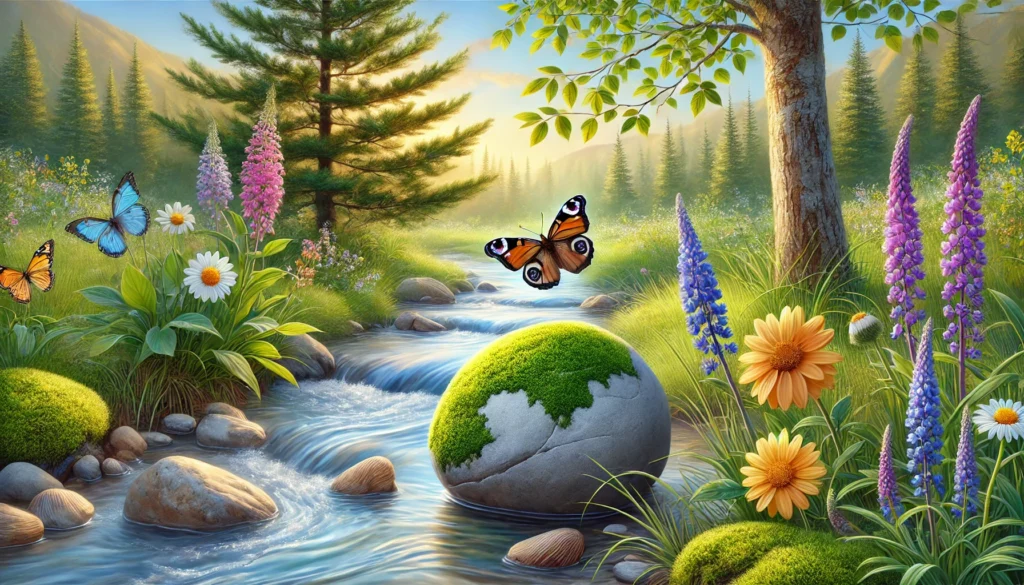 A tranquil nature setting – Five distinct objects for mindfulness: a gently flowing stream, a cluster of colorful wildflowers, a large moss-covered rock, a tall pine tree, and a butterfly resting on a leaf.