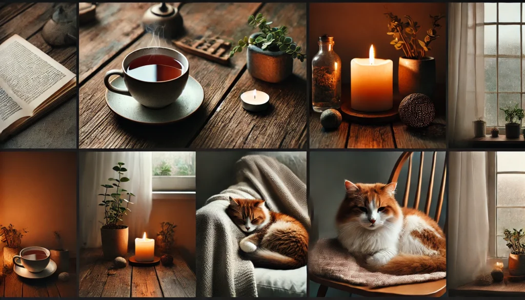 A cozy indoor scene – Five distinct objects for grounding: a steaming cup of tea on a wooden table, a soft knit blanket draped over a chair, a flickering candle casting a warm glow, a small potted plant, and a cat curled up on a cushion.